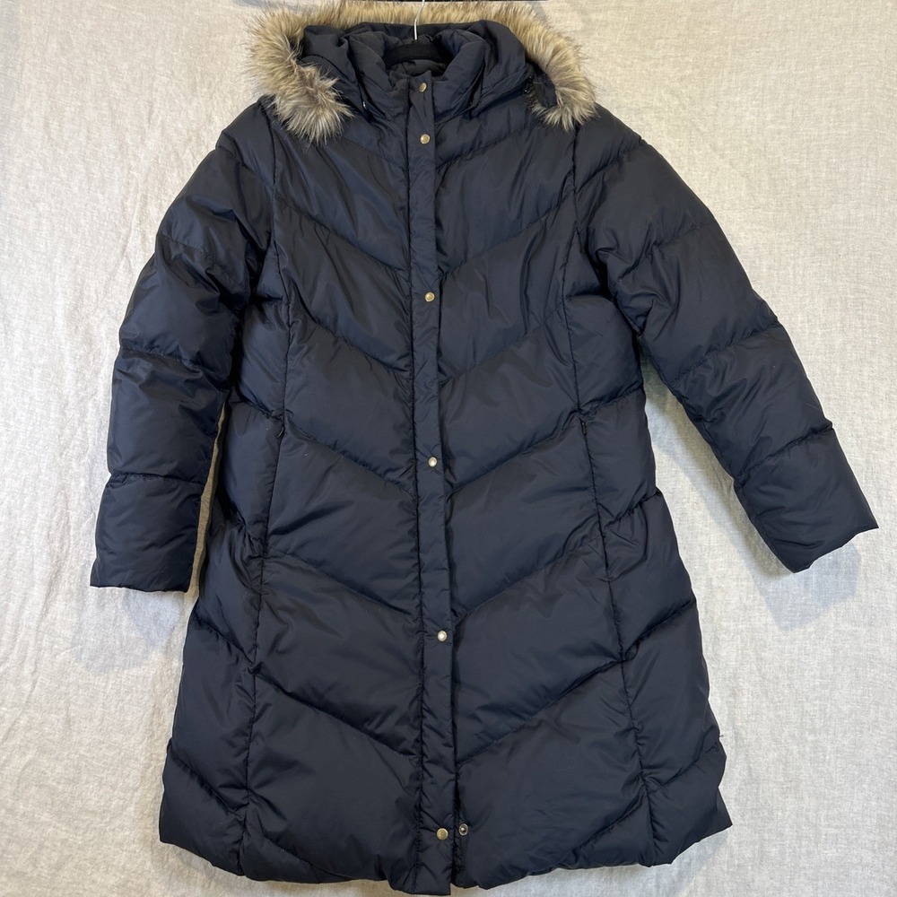 Lands' End Women Puffer Jacket Black, Goose Down, Removable Hood, M(10-12)